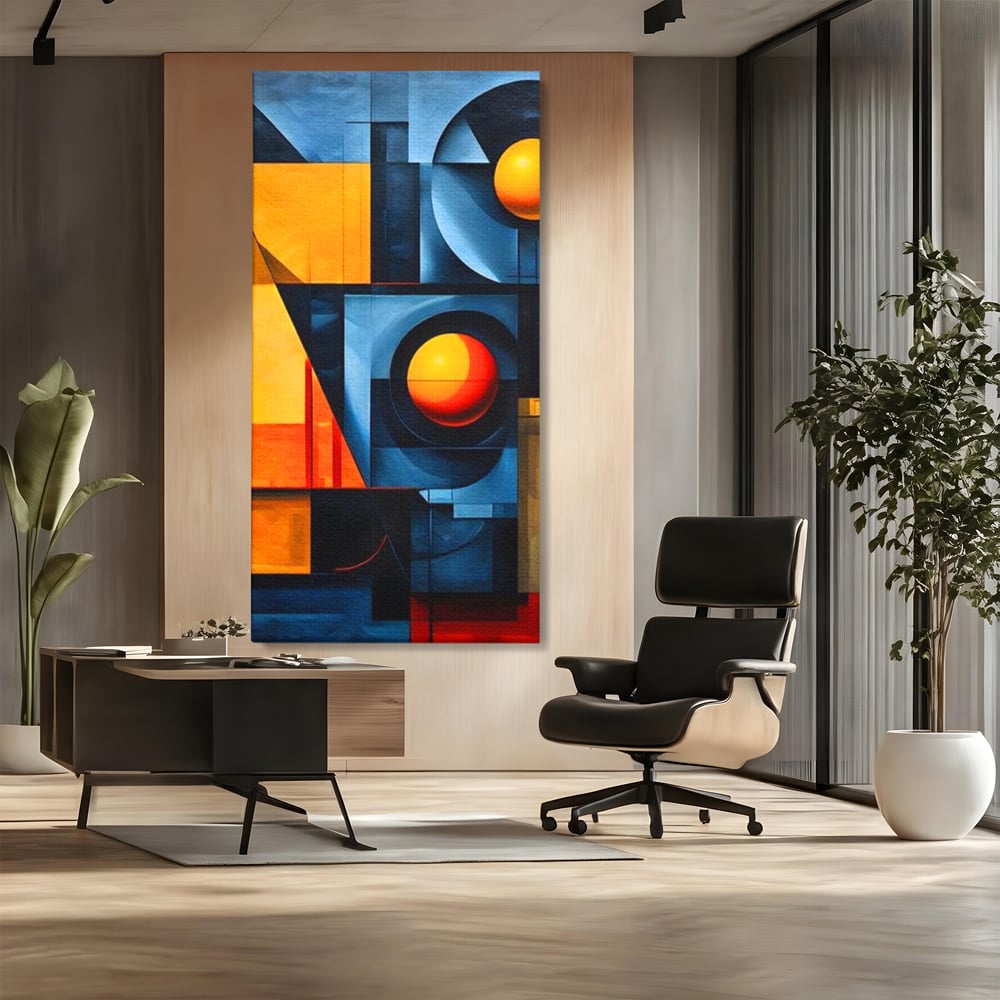 Tablou canvas cu pictura abstracta cu forme geometrice, fara rama, pe sasiu de lemn, pe perete intr-un birou